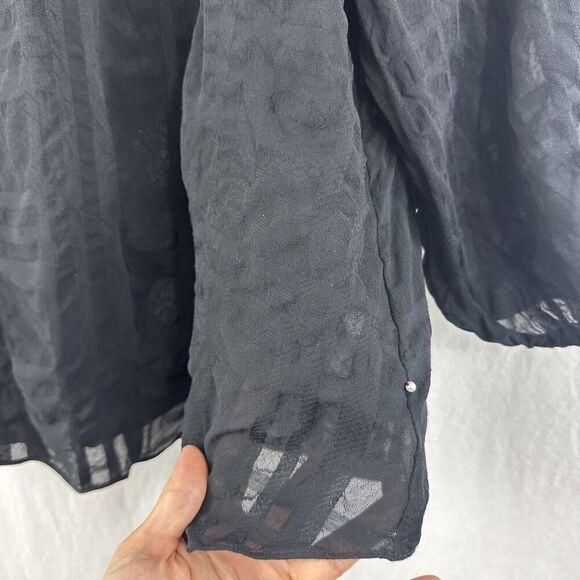 Pearl By Lela Rose Sheer Black Windowpane 3/4 Peasant Top Womens Size M - Picture 9 of 13